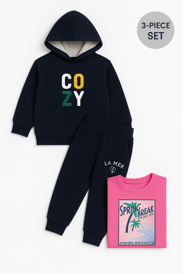Navy Cozy Hoodie + Jogger & Tee -3 Piece Set