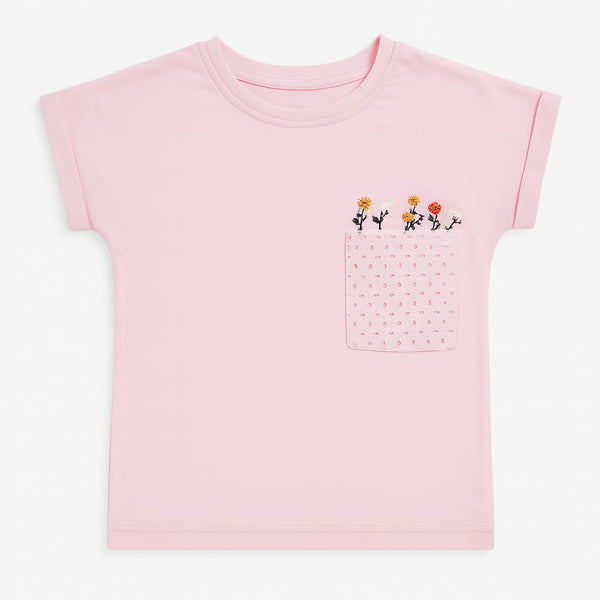 Girls Croched Pocket Tee - Pink